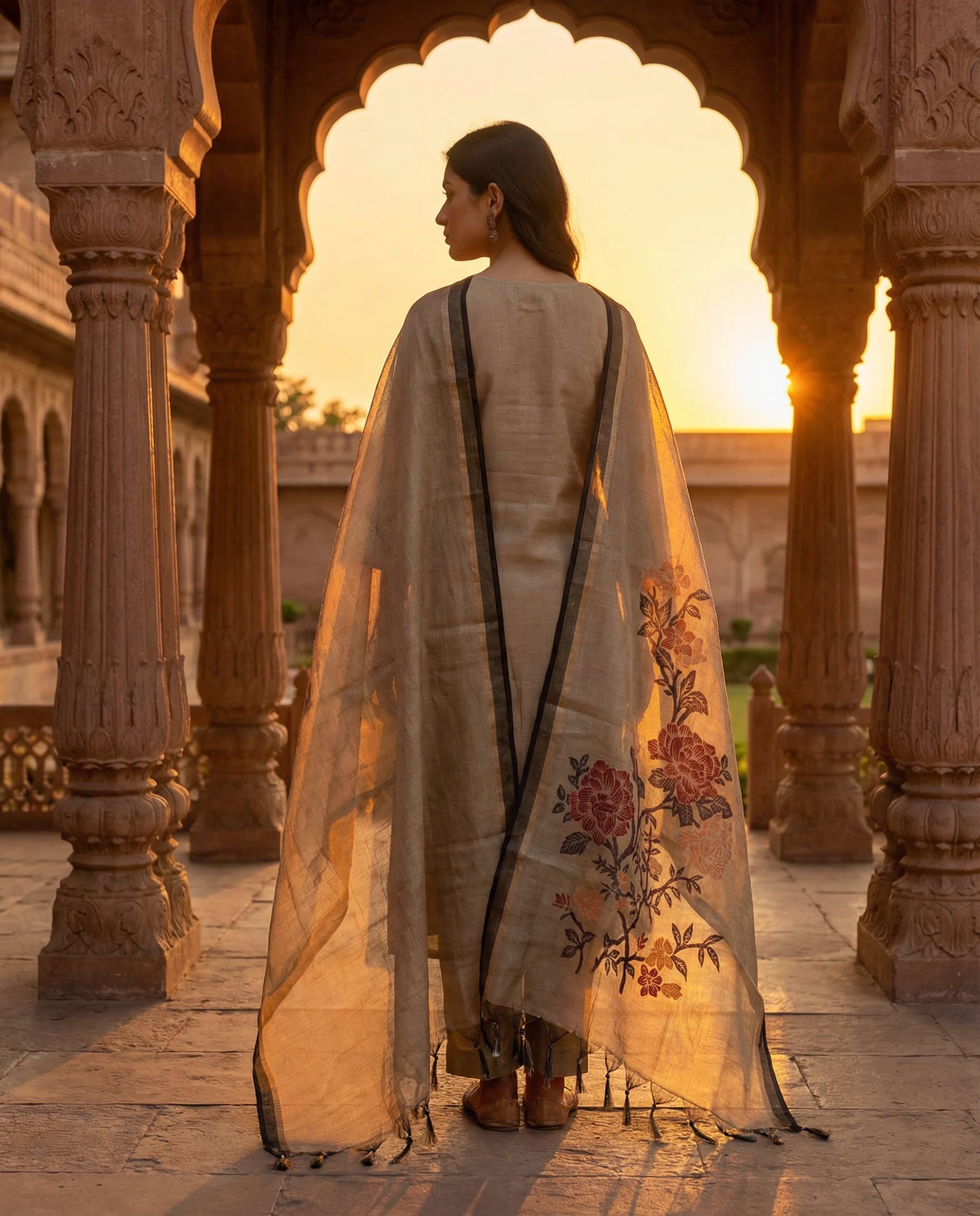 Golden Beige Floral Elegance Suit Set