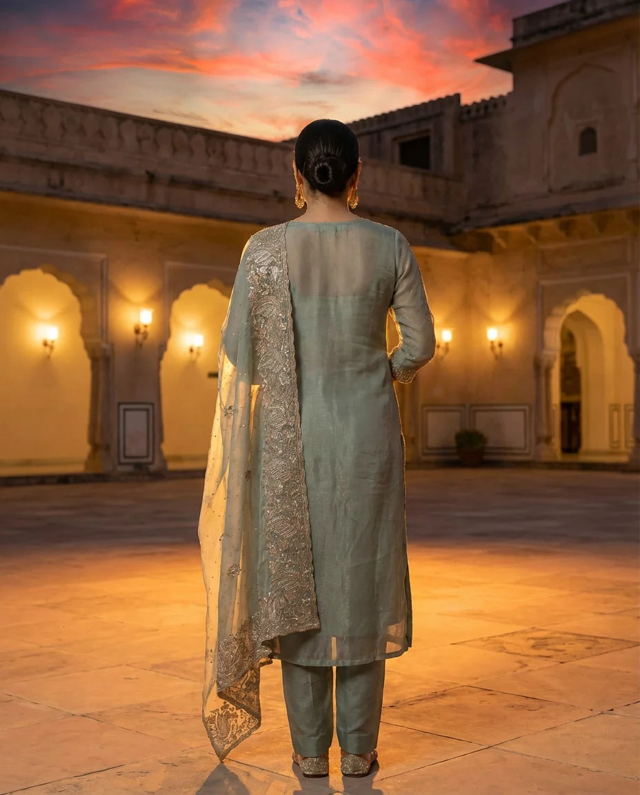 Sage Mist Embroidered Elegance Suit Set