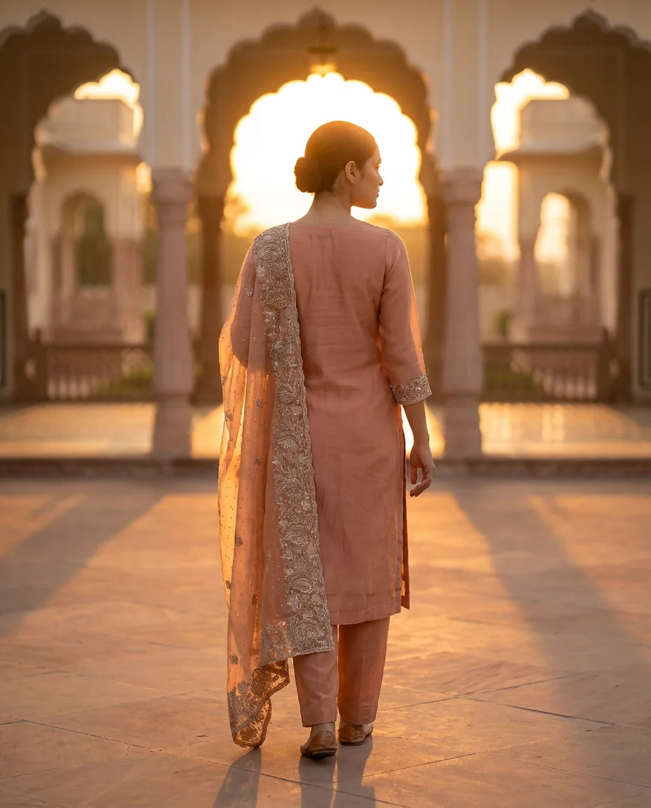 Peach Blossom Embroidered Elegance Suit Set