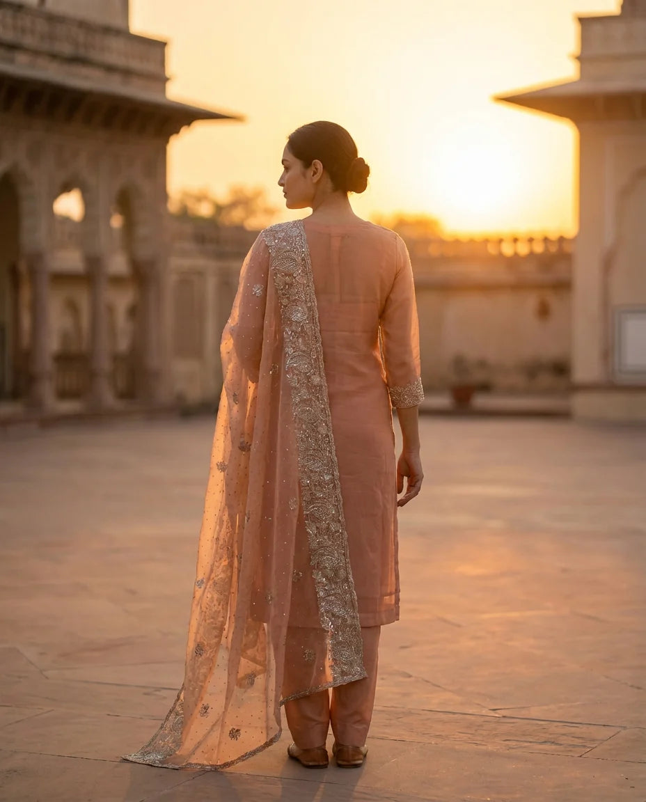 Peach Blossom Embroidered Elegance Suit Set