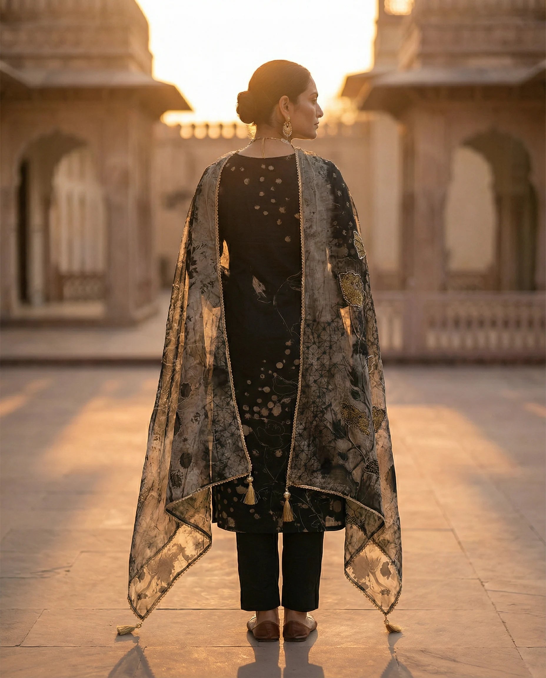 Noir Blossom Embroidered Suit Set