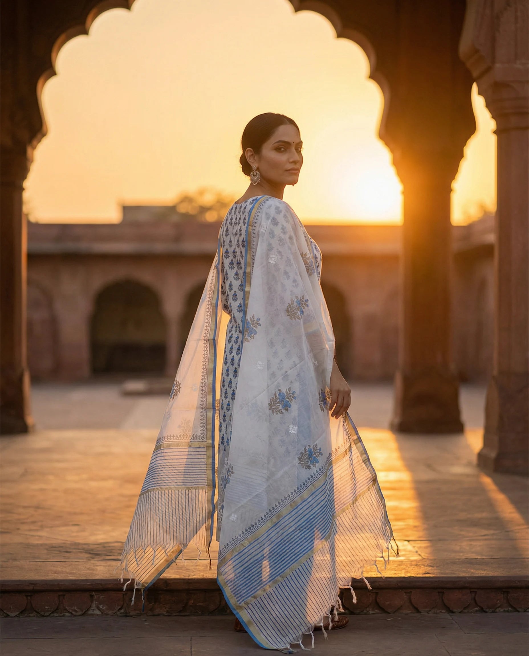 Ivory Blue Handblock Print Suit Set