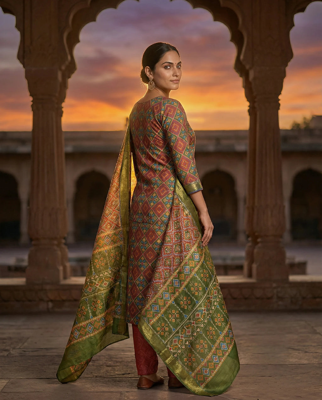 Rust & Olive Geometric Printed Suit Set