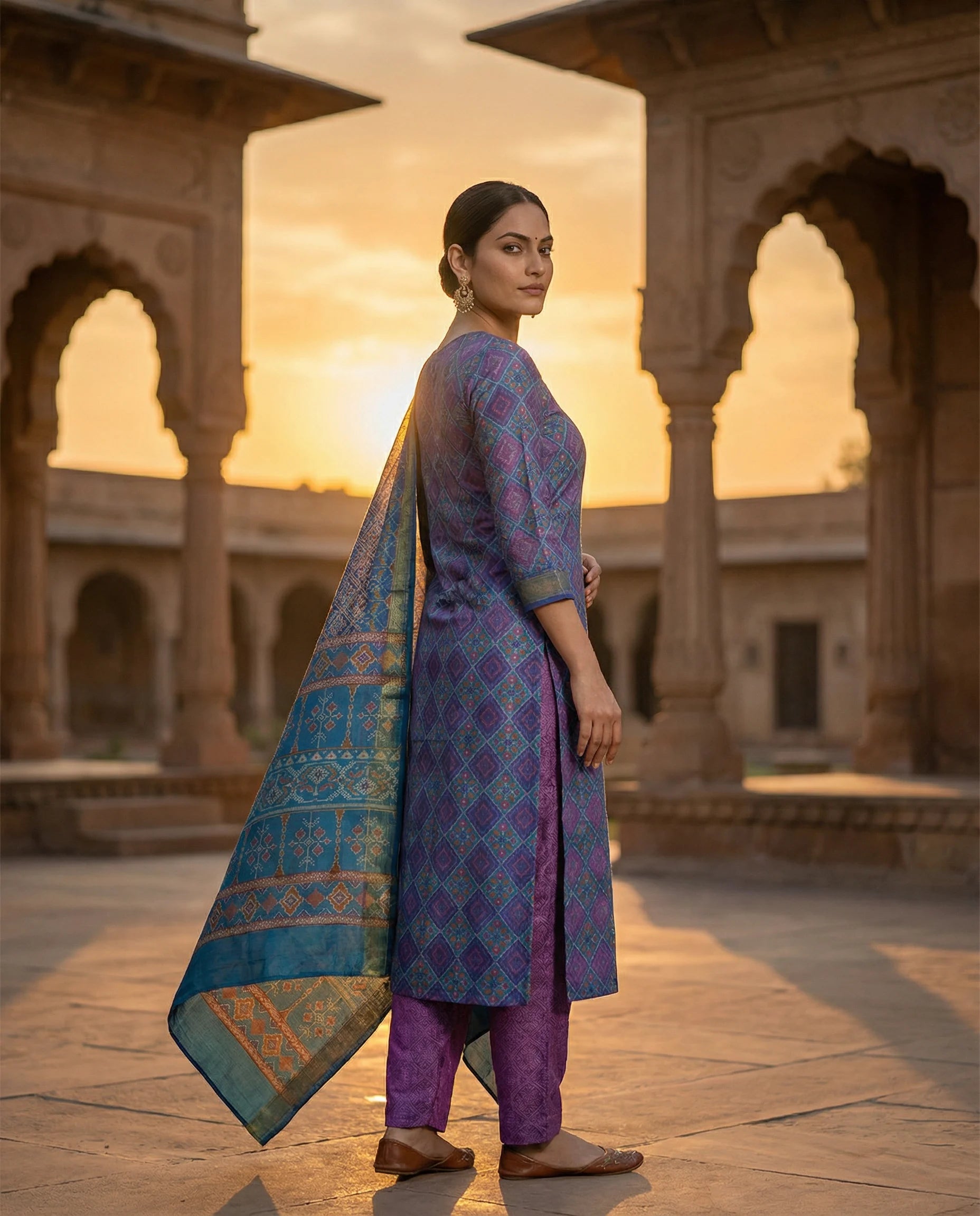 Royal Indigo & Plum Geometric Printed Suit Set