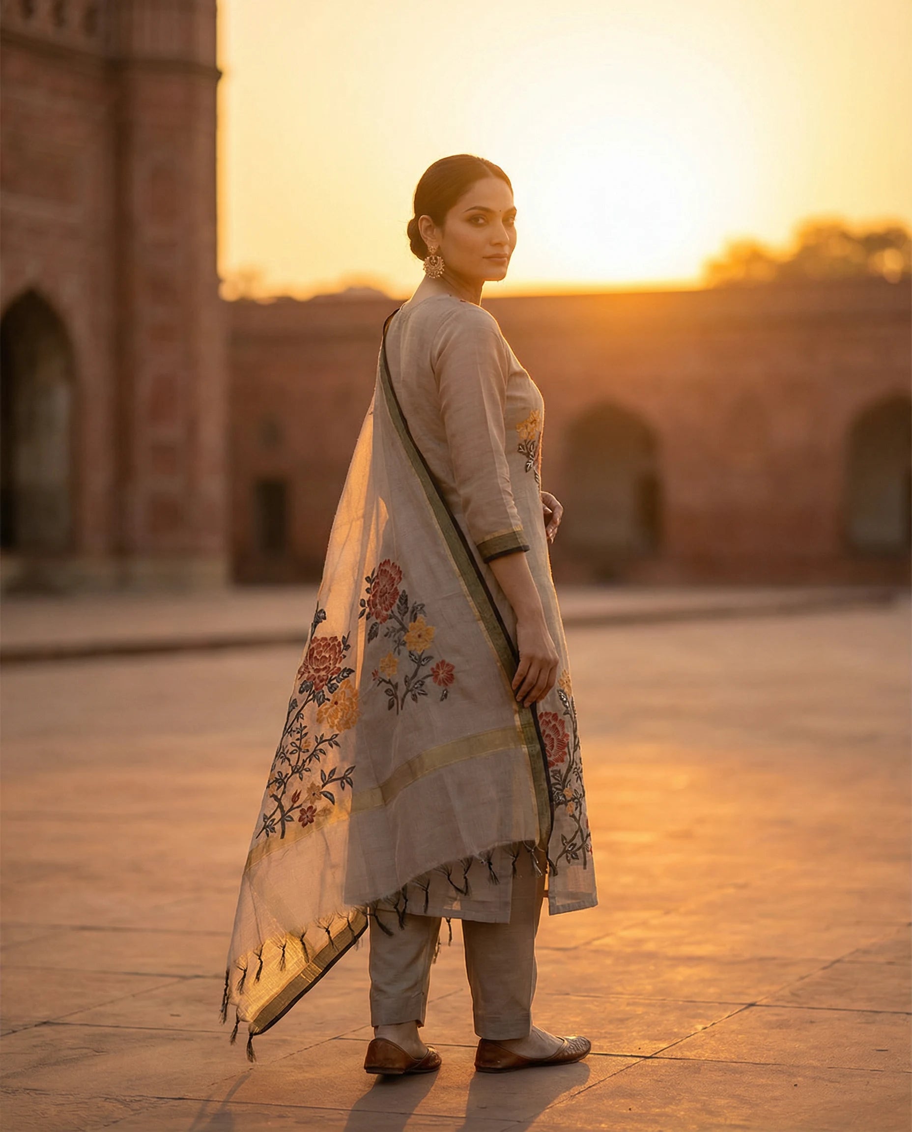 Elegant Taupe Floral Printed Suit Set
