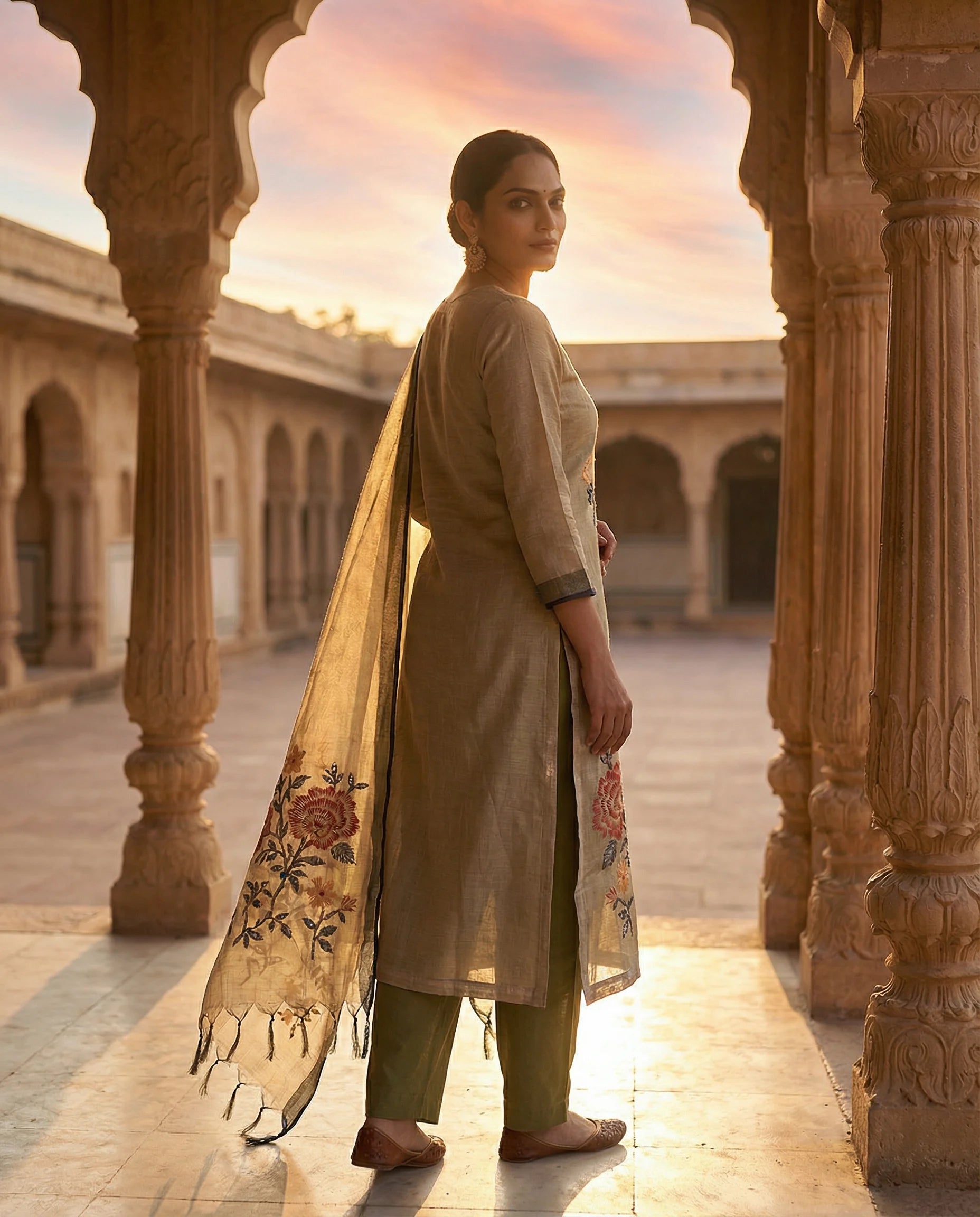 Golden Beige Floral Elegance Suit Set
