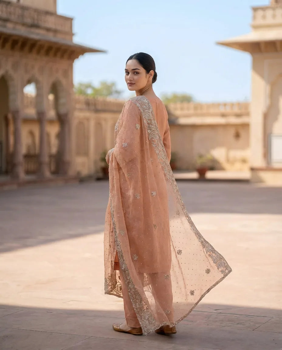 Peach Blossom Embroidered Elegance Suit Set