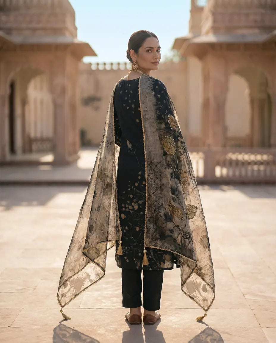 Noir Blossom Embroidered Suit Set