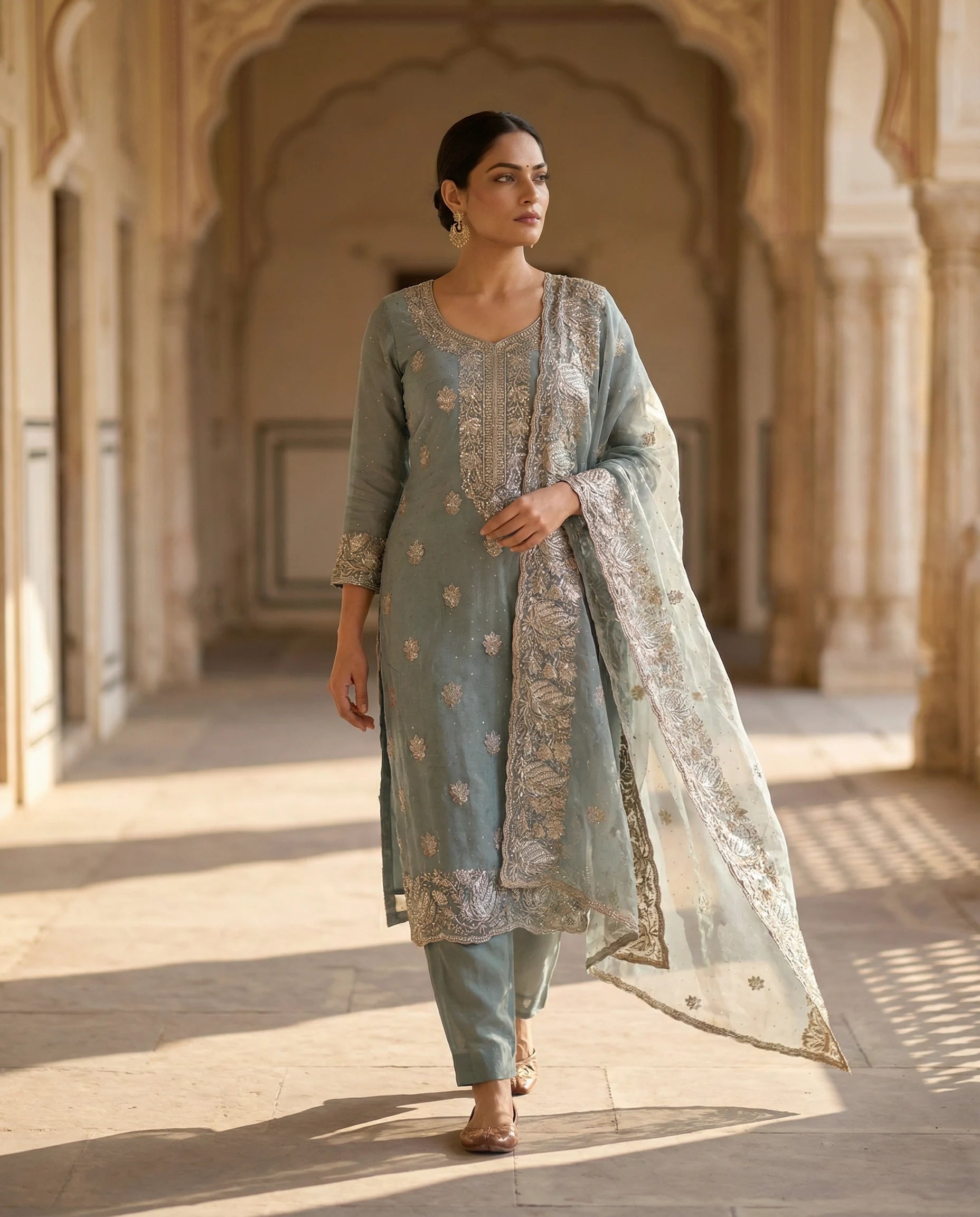 Sage Mist Embroidered Elegance Suit Set