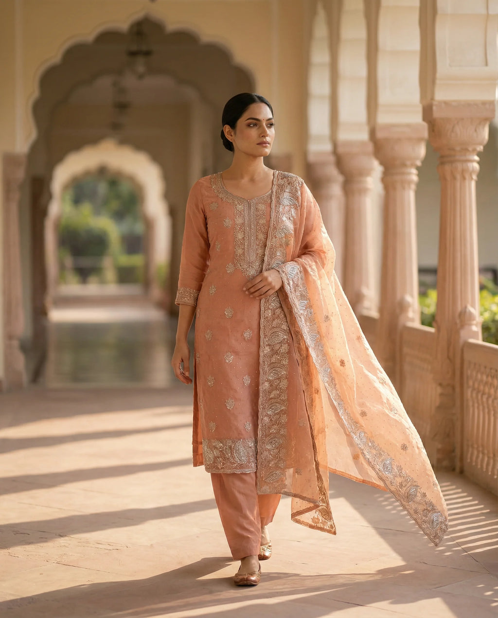 Peach Blossom Embroidered Elegance Suit Set