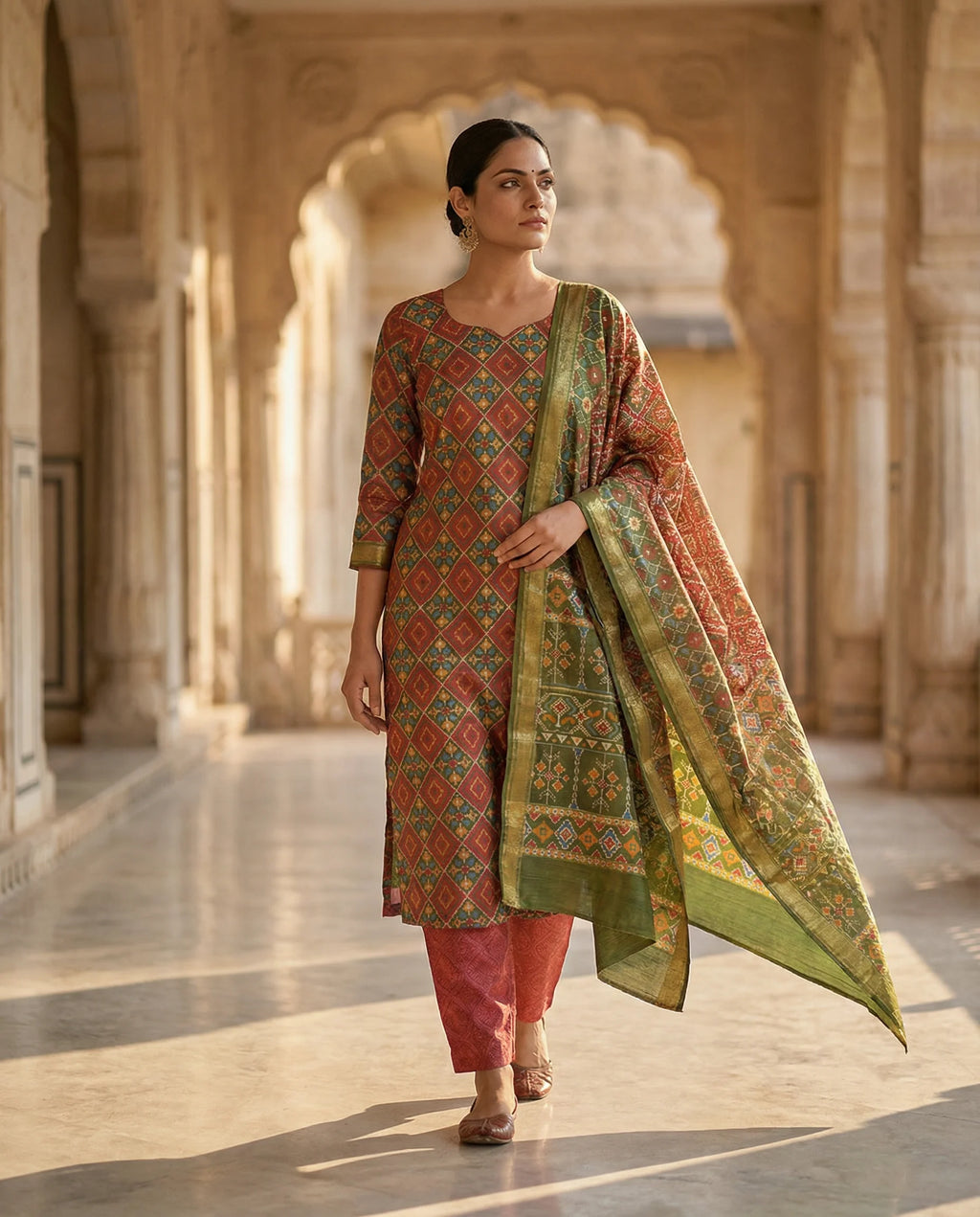 Rust & Olive Geometric Printed Suit Set
