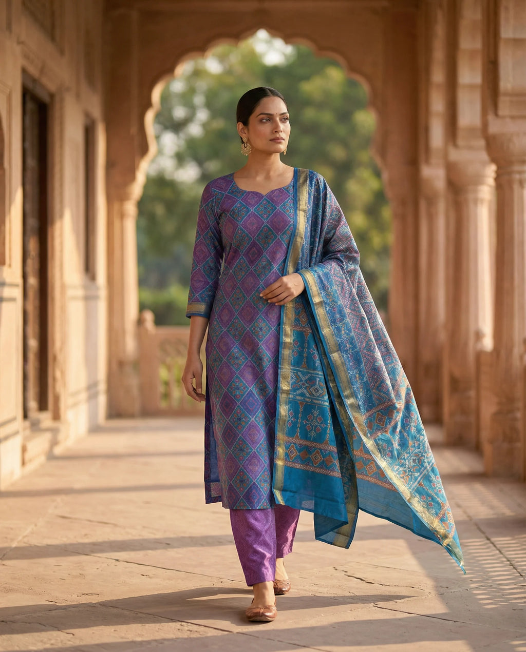 Royal Indigo & Plum Geometric Printed Suit Set