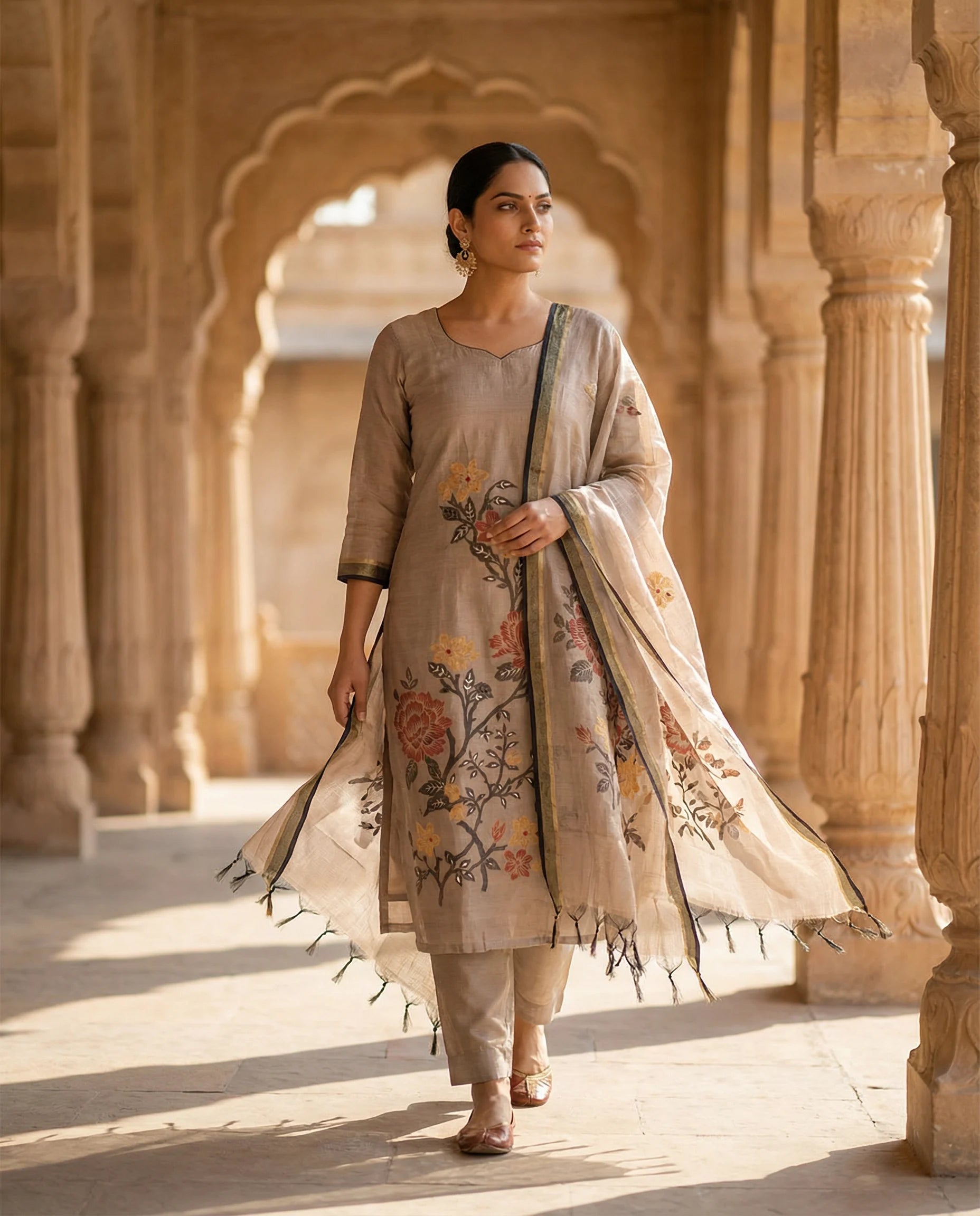 Elegant Taupe Floral Printed Suit Set