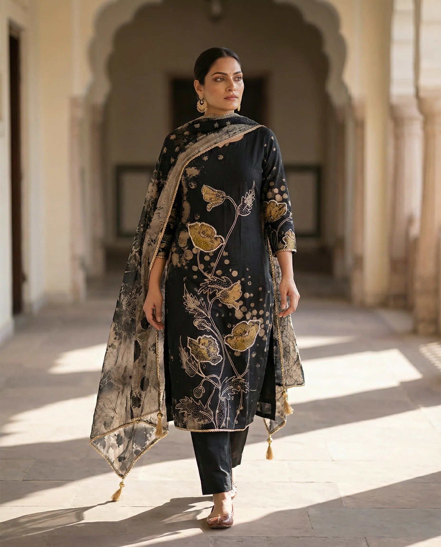 Noir Blossom Embroidered Suit Set